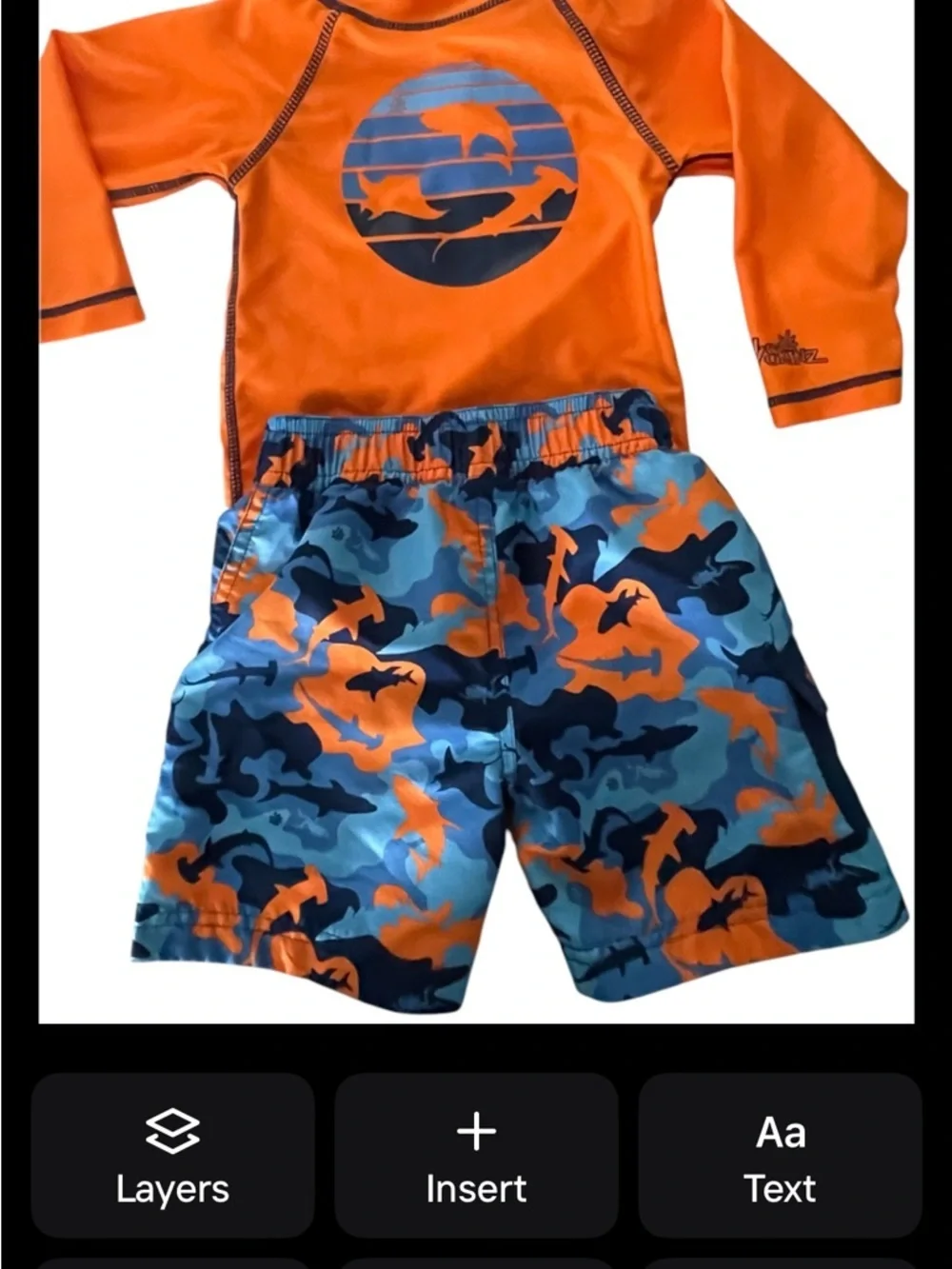 UVSkinz Orange Rash Guard Set with Blue & Orange Shark Camo Swim Trunks